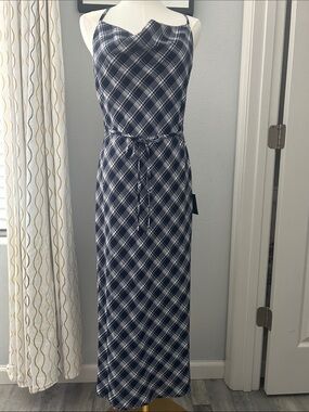 Lulu's Navy and White Plaid Maxi Dress with Tie Waist